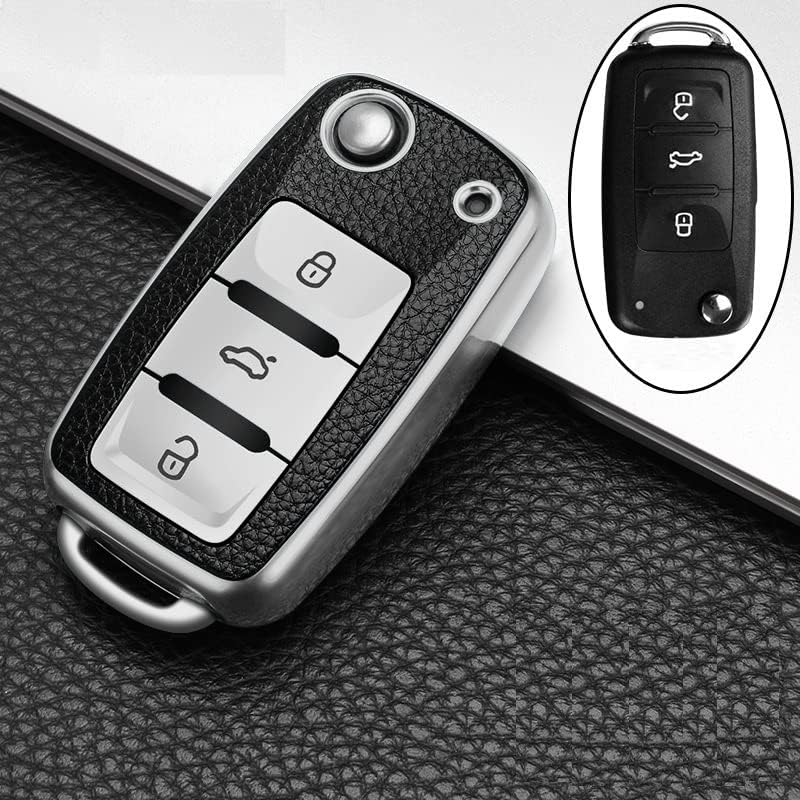 Soft TPU Leather Pattern Key Cover Compatible with Polo Vento Jetta Ameo Passat and Skoda Rapid Laura Superb Octavia Fabia Yeti Folding Key (Silver Black)