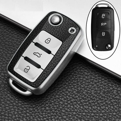 Soft TPU Leather Pattern Key Cover Compatible with Polo Vento Jetta Ameo Passat and Skoda Rapid Laura Superb Octavia Fabia Yeti Folding Key (Silver Black)