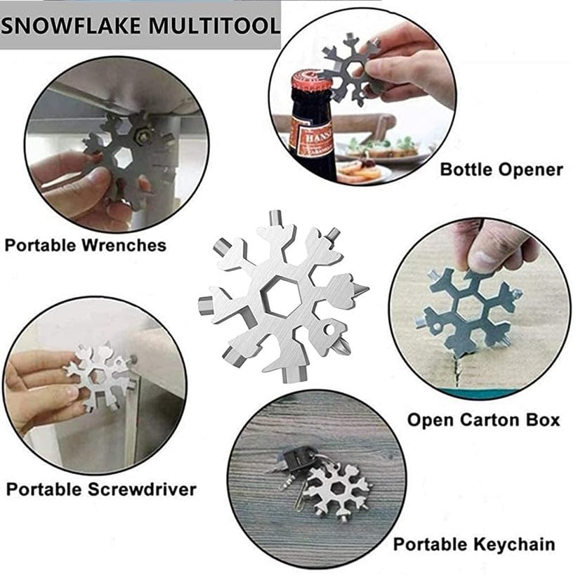 18-in-1 Snowflake Multi Tool, Stainless Steel, Silver, with Bottle Opener, Screwdriver and Wrench, Portable Keychain Repair Tool for Camping