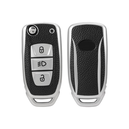 Premium Leather TPU 3 Button flip Key Cover Compatible for Tata Nexon Harrier Altroz Punch Safari Tigor Tiago Zest Bolt