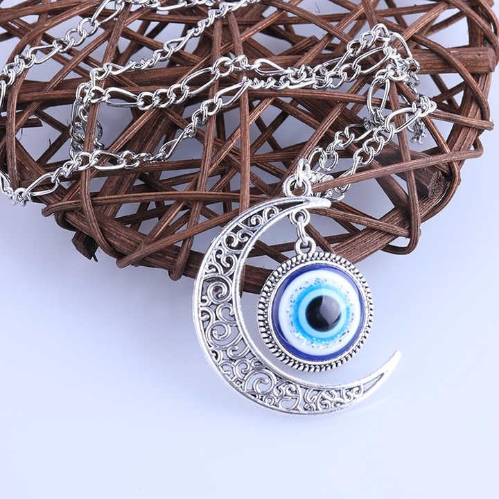 Evil Eye Moon Pendant Necklace, Silver Alloy Chain, Blue Crystal Charm