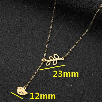 RF REDFOXX Minimalist Bird and Leaf Pendant Necklace, 18k Gold Plated Stainless Steel, Waterproof