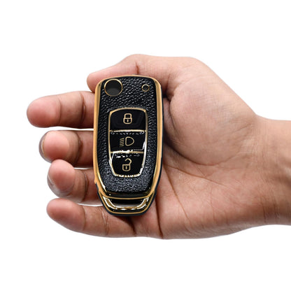 TPU Leather Gold Pattern Key Cover Compatible with Tata D2 Key Cover, Black, Pack of 2