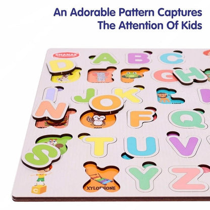 Wooden Alphabet Puzzle for Toddlers, ABC Learning Board with Capital Letters, Colorful Montessori Educational Toy for Preschoolers