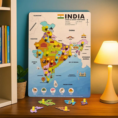 India Map Wooden Puzzle for Kids | States & Capitals Learning Board with Knobs | Educational Geography Toy | 18 Piece Wooden Jigsaw Puzzle for Children (Ages 4–10)