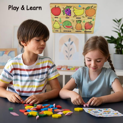 Wooden Fruits Puzzle Board (28×20 cm) | Educational Knob Puzzle for Kids | Montessori Learning Toy for Toddlers | Shape & Color Recognition Board (1 Set)