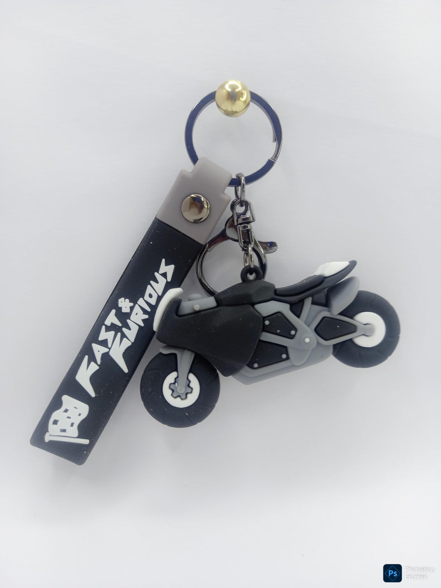 RF REDFOXX Fast & Furious Motorcycle Keychain, 3D Rubber Sports Bike Design, Black and Grey