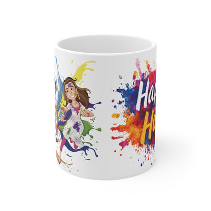 RF REDFOXX Happy Holi Festival Ceramic Coffee Mug, 350 ml, Colourful Splash Design, White
