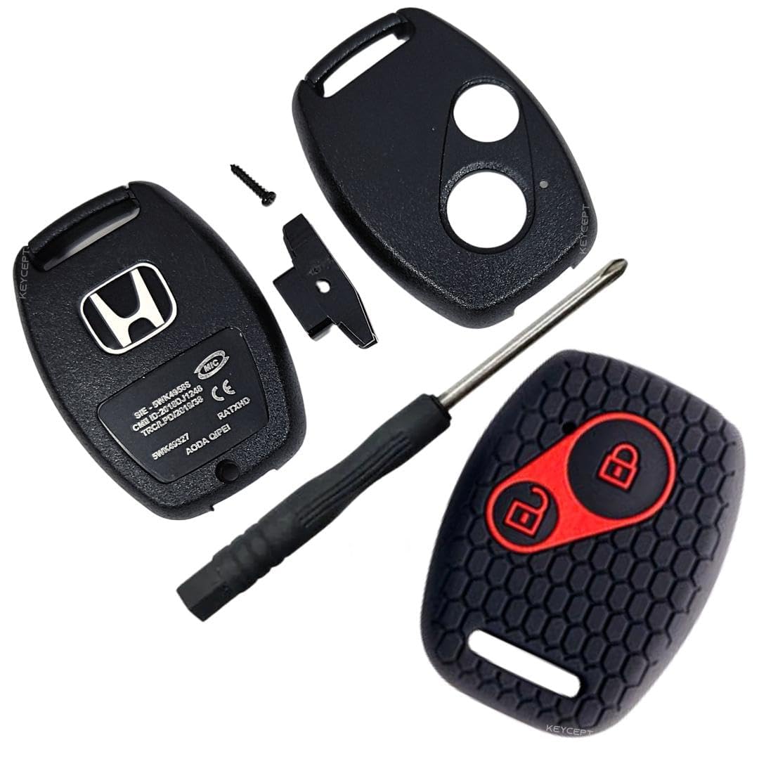 RF REDFOXX 2 Button Key Shell for Amaze, BRV, CRV, Accord, City, Civic, Brio, Mobilio, Jazz- Durable Key housing/Body/case Replacement with Silicone Key Cover (Keyshell and Key Cover) (Black)