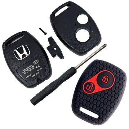 RF REDFOXX 2 Button Key Shell for Amaze, BRV, CRV, Accord, City, Civic, Brio, Mobilio, Jazz- Durable Key housing/Body/case Replacement with Silicone Key Cover (Keyshell and Key Cover) (Black)
