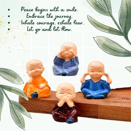 RF REDFOXX Buddha Monk Set of 4 Statues – Charming Mini Figurines Perfect for Home Decor, car dashboards, or Office desks, Ideal as Thoughtful Gifts or Elegant Tabletop Accents. (Pack of 1)