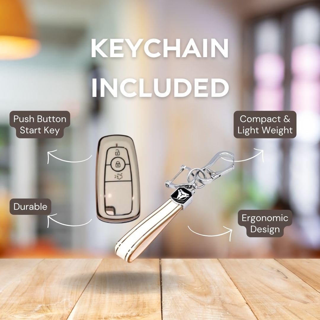 Stylish and Durable Soft TPU Leather Pattern Key Cover for Ford Ecosport, Aspire, Freestyle, and Endeavour Push Button Start Keys: White with Keychain.