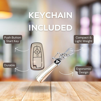 Stylish and Durable Soft TPU Leather Pattern Key Cover for Ford Ecosport, Aspire, Freestyle, and Endeavour Push Button Start Keys: White with Keychain.