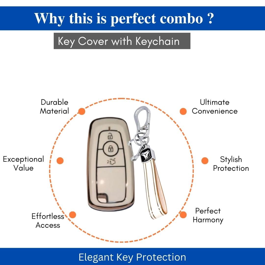 Stylish and Durable Soft TPU Leather Pattern Key Cover for Ford Ecosport, Aspire, Freestyle, and Endeavour Push Button Start Keys: White with Keychain.