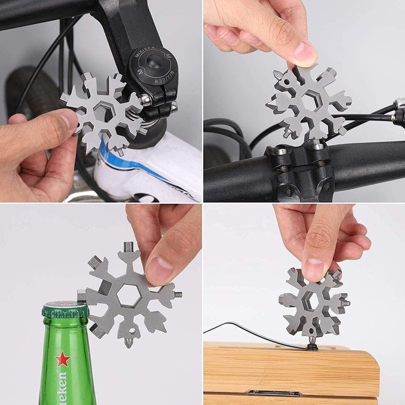18-in-1 Snowflake Multi Tool, Stainless Steel, Silver, with Bottle Opener, Screwdriver and Wrench, Portable Keychain Repair Tool for Camping
