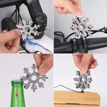 18-in-1 Snowflake Multi Tool, Stainless Steel, Silver, with Bottle Opener, Screwdriver and Wrench, Portable Keychain Repair Tool for Camping