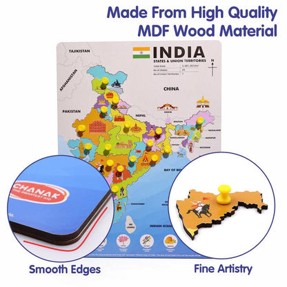 India Map Wooden Puzzle for Kids | States & Capitals Learning Board with Knobs | Educational Geography Toy | 18 Piece Wooden Jigsaw Puzzle for Children (Ages 4–10)