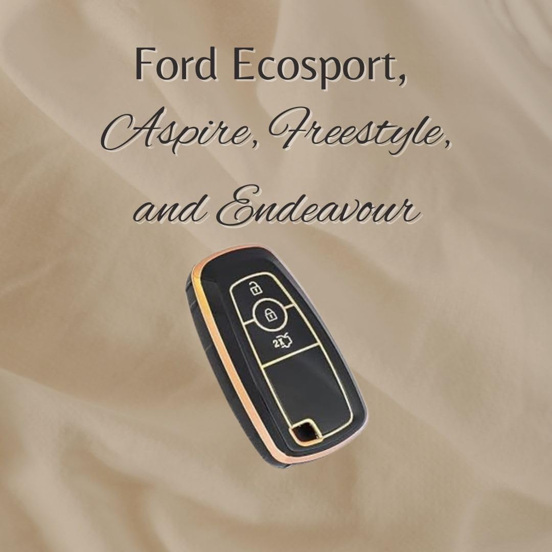 Stylish and Durable Soft TPU Leather Pattern Key Cover for Ford Ecosport, Aspire, Freestyle, and Endeavour Push Button Start Keys: Black with Keychain.