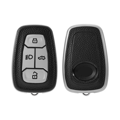 Leather TPU Key Cover Compatible for Tata Nexon Harrier Safari Altroz Punch Tigor 4 Button Smart Key (Black)