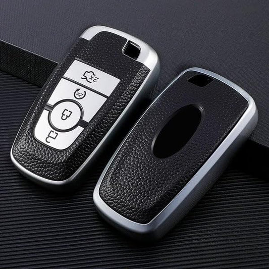 RF REDFOXX Ecosport Aspire Freestyle Endeavour Push Button Start Car Key | Car Accessories | Soft TPU Leather Pattern Key Cover, Silver Color