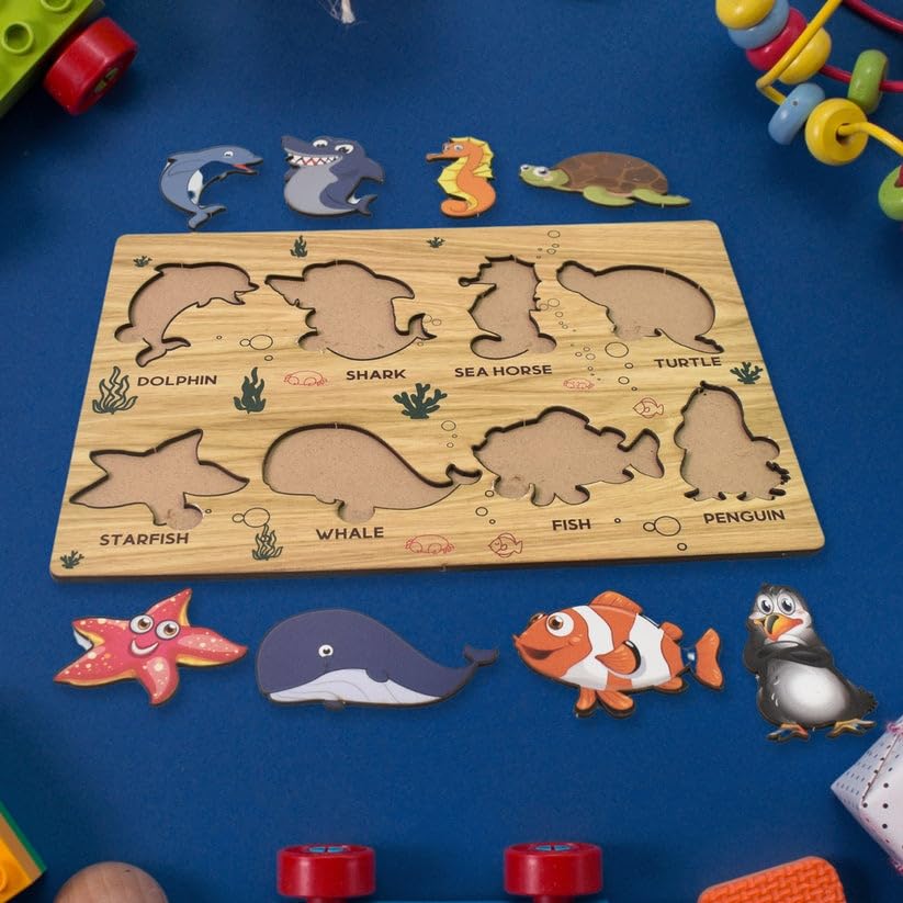 Seawater Animal Wooden Puzzle Board for Kids | Ocean Theme Educational Learning Toy | Montessori Knob Puzzle for Toddlers | Early Learning & Skill Development (1 Set)