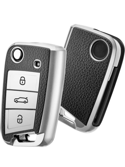 RF REDFOXX Leather Key Cover Compatible for Kushaq, Octavia, Kodiaq, Superb, Slavia, Passat 3B Flip Key (Silver) with Key Ring