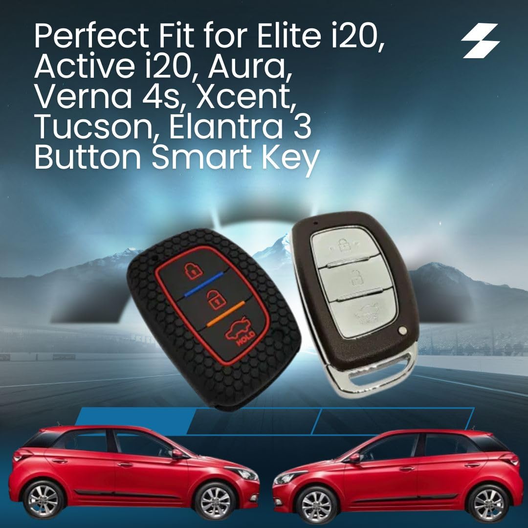 Silicone Key Cover for Elite I20, ActiveI20, Aura, Verrna 4s, Xceent, Tucson, Elantra 3 Button Smart Key (Push Button Start Models only) (Black with KC Mini Black Keyring).