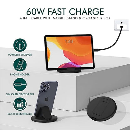Universal 3-in-1 60W Fast Charging Data Cable Set | Type-C, Lightning & Micro USB Multi Charging Cable Kit with Inbuilt Phone Stand | Compatible with Apple, Samsung, Realme, iPad & Android Phones