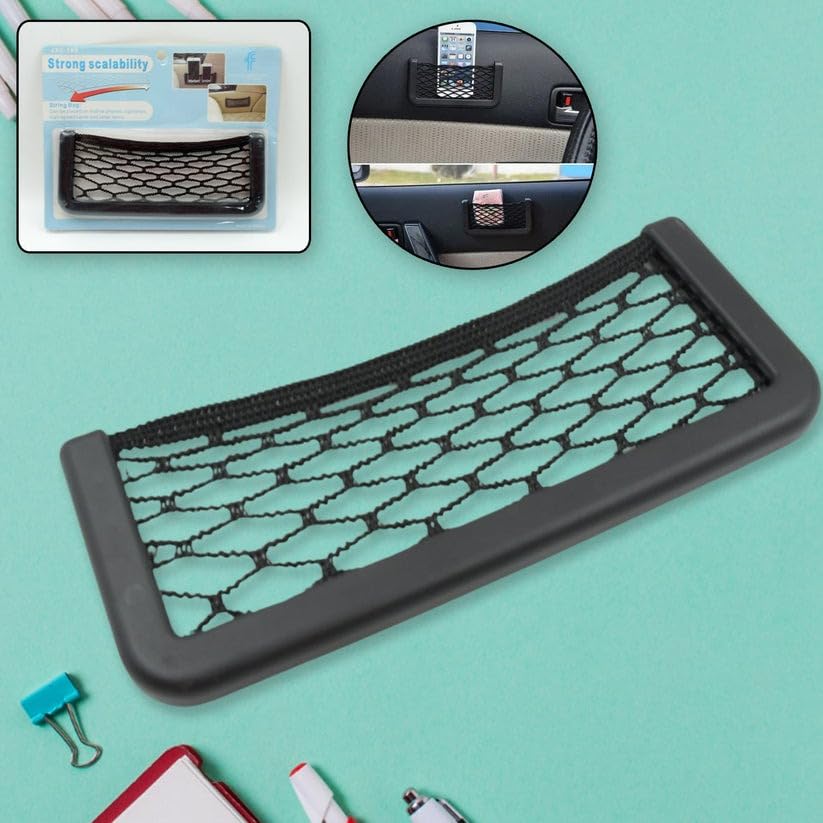 Car Storage Organizer Net Bag | Stick-On Mesh Pocket for Car Seat, Side Door & Dashboard | Phone, Purse & Small Item Holder