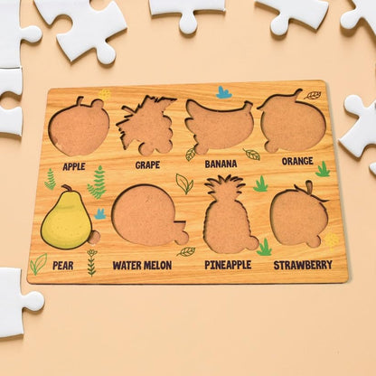 Wooden Fruits Puzzle Board (28×20 cm) | Educational Knob Puzzle for Kids | Montessori Learning Toy for Toddlers | Shape & Color Recognition Board (1 Set)