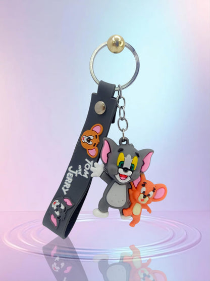 RF REDFOXX Tom and Jerry 3D Rubber Keychain with Strap, Metal Key Ring Car Pendant, Kids Cartoon Character Design