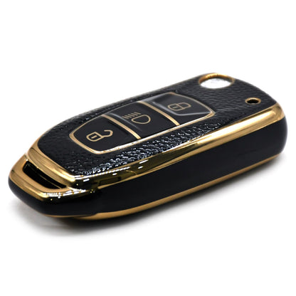 TPU Leather Gold Pattern Key Cover Compatible with Tata D2 Key Cover, Black, Pack of 2
