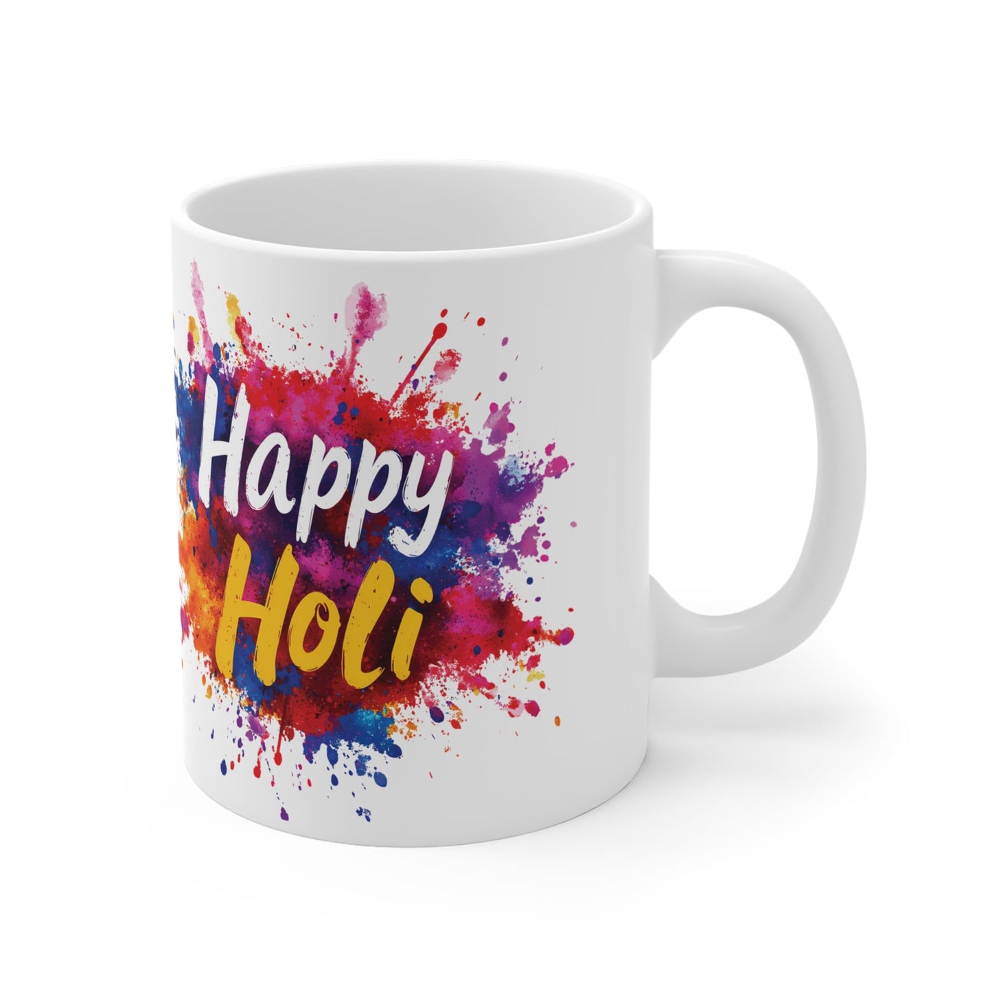 RF REDFOXX Happy Holi Festival Ceramic Coffee Mug, 350 ml, Colourful Splash Design, White