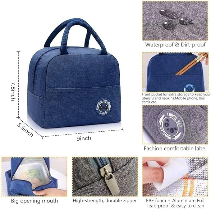 RF REDFOXX Insulated Lunch Bag for Women & Men – Reusable Lunch Box Tote with Zipper Closure for Office, School & Picnic – 1 Pc (Color May Vary)