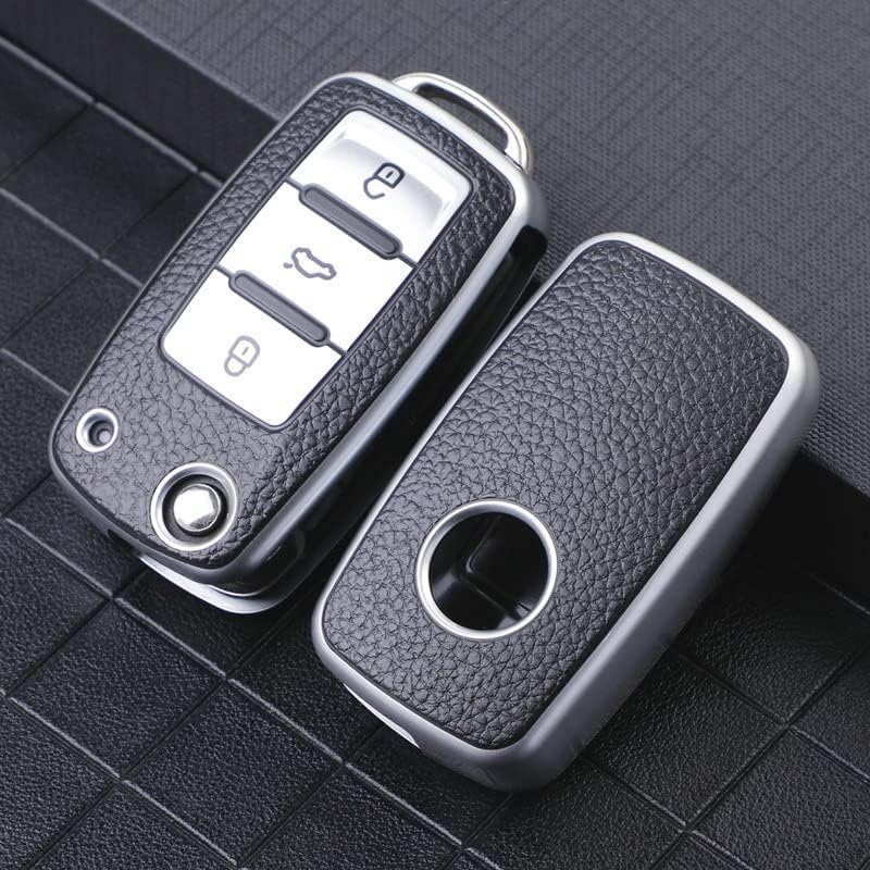 Soft TPU Leather Pattern Key Cover Compatible with Polo Vento Jetta Ameo Passat and Skoda Rapid Laura Superb Octavia Fabia Yeti Folding Key (Silver Black)