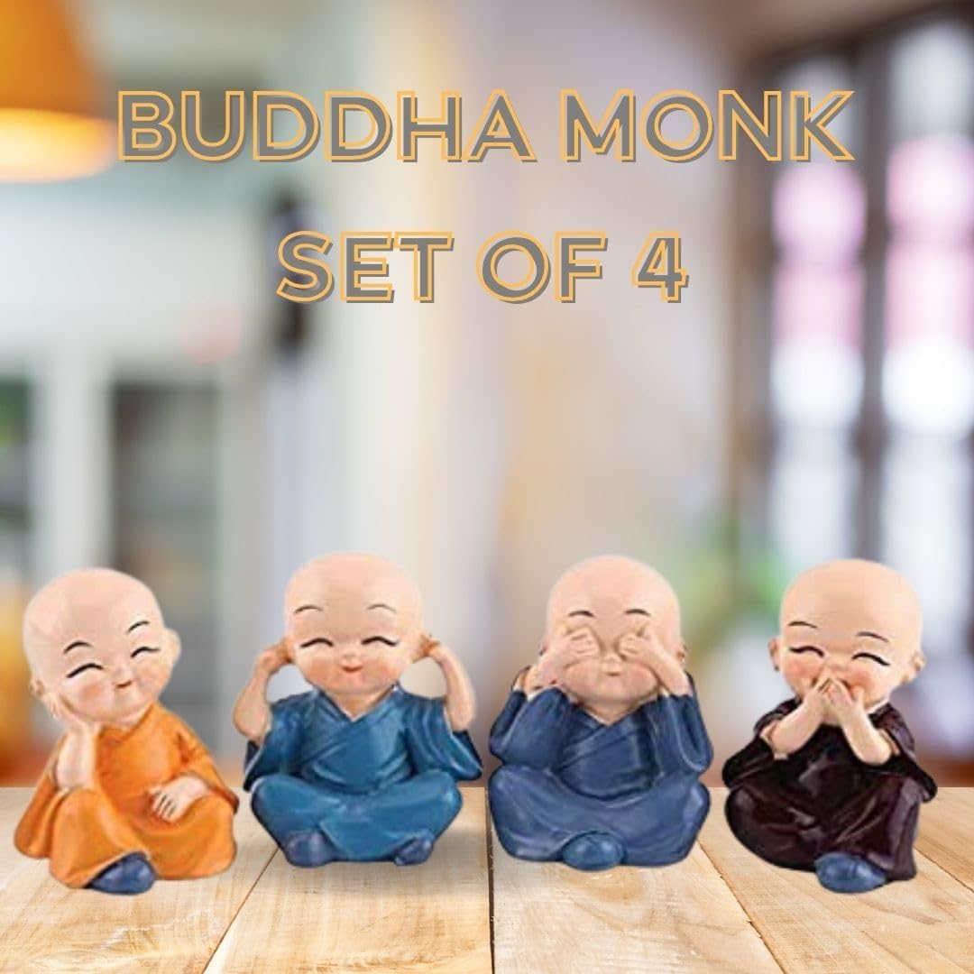 RF REDFOXX Buddha Monk Set of 4 Statues – Charming Mini Figurines Perfect for Home Decor, car dashboards, or Office desks, Ideal as Thoughtful Gifts or Elegant Tabletop Accents. (Pack of 1)