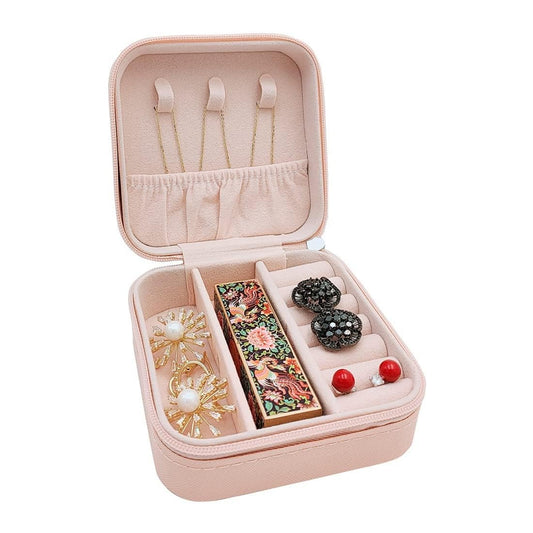 RF REDFOXX Leather Mini Jewelry Travel Case Small Portable Jewelry Organizer Box for Rings, Earrings & Necklaces Compact Travel Storage Organizer with Secure Closure (Pink)