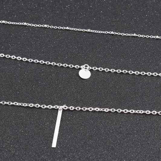 Layered Chain Necklace for Women – Silver Plated Multi-Strand Pendant with Disc & Bar Charms – Fashion Jewelry for Casual