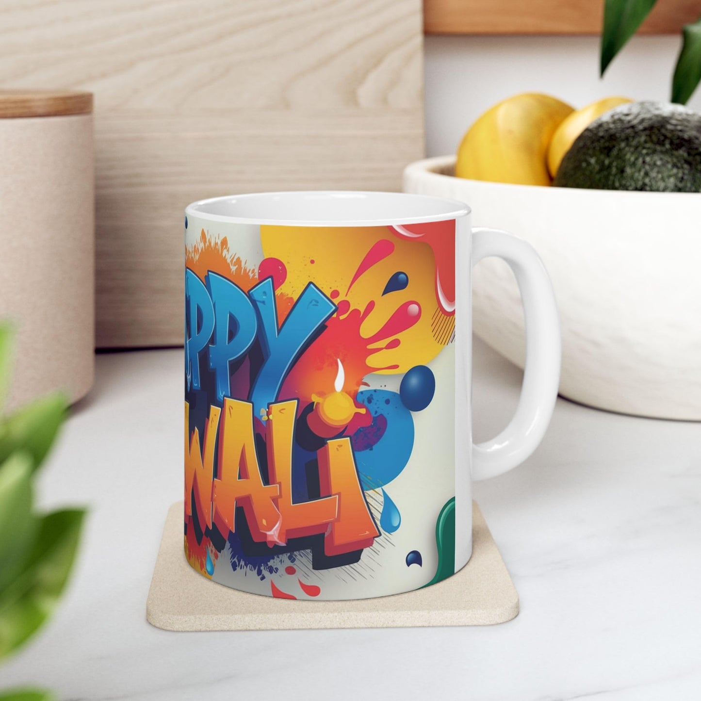 RF REDFOXX Ceramic Diwali Mug, Colourful Graffiti Design, 325 ml Capacity