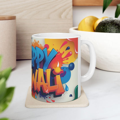 RF REDFOXX Ceramic Diwali Mug, Colourful Graffiti Design, 325 ml Capacity