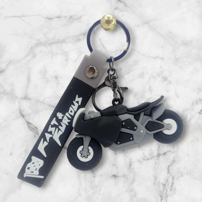 RF REDFOXX Fast & Furious Motorcycle Keychain, 3D Rubber Sports Bike Design, Black and Grey