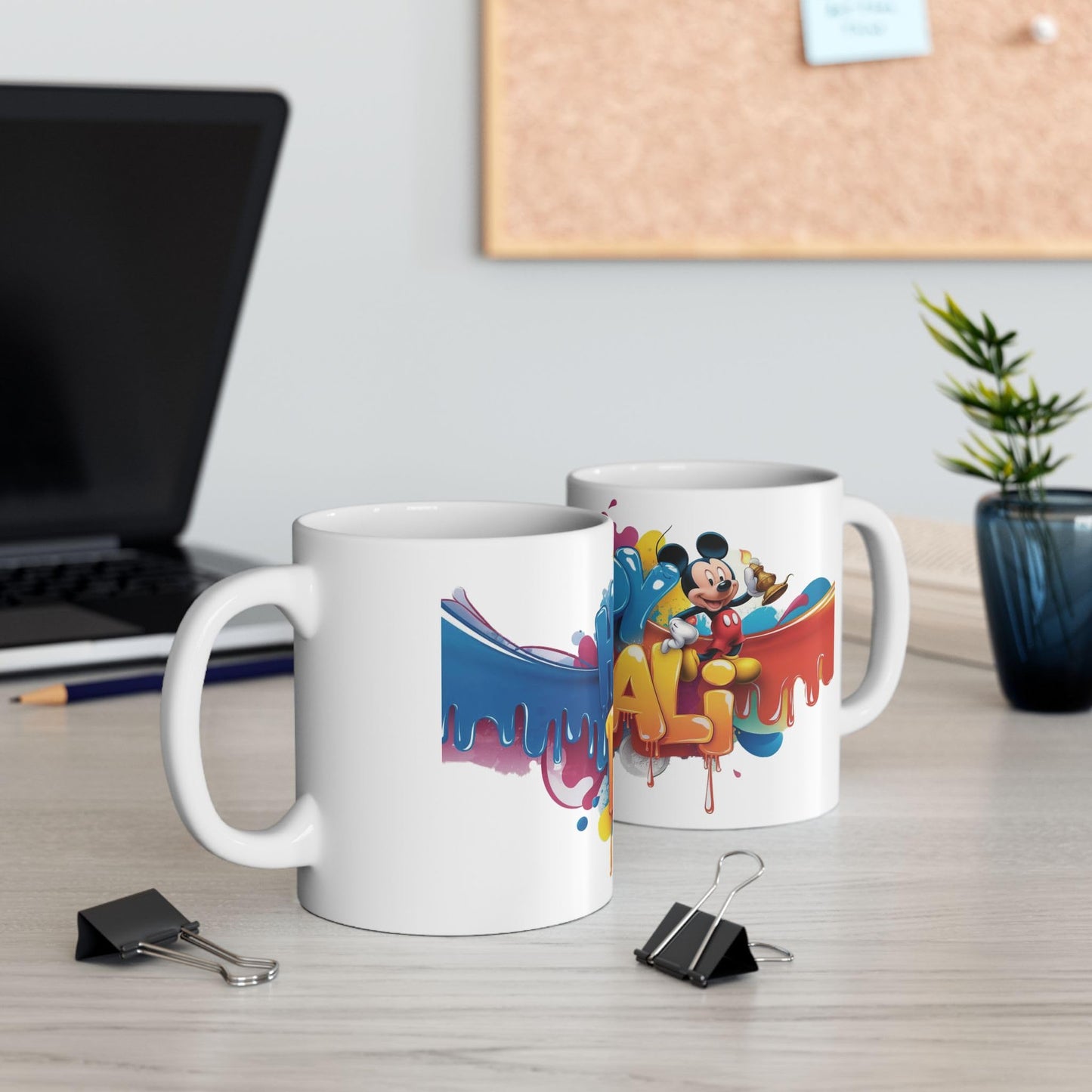 RF REDFOXX Happy Diwali Ceramic Mug with Mickey Mouse Design, Personalized Name & Unique Designs 325 ml (with Free Key Chain)