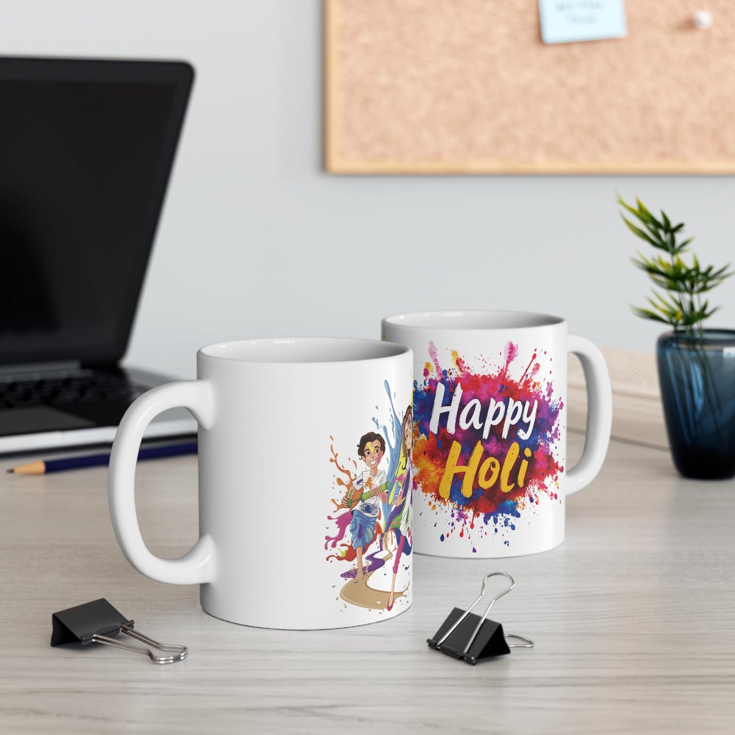 RF REDFOXX Happy Holi Festival Ceramic Coffee Mug, 350 ml, Colourful Splash Design, White