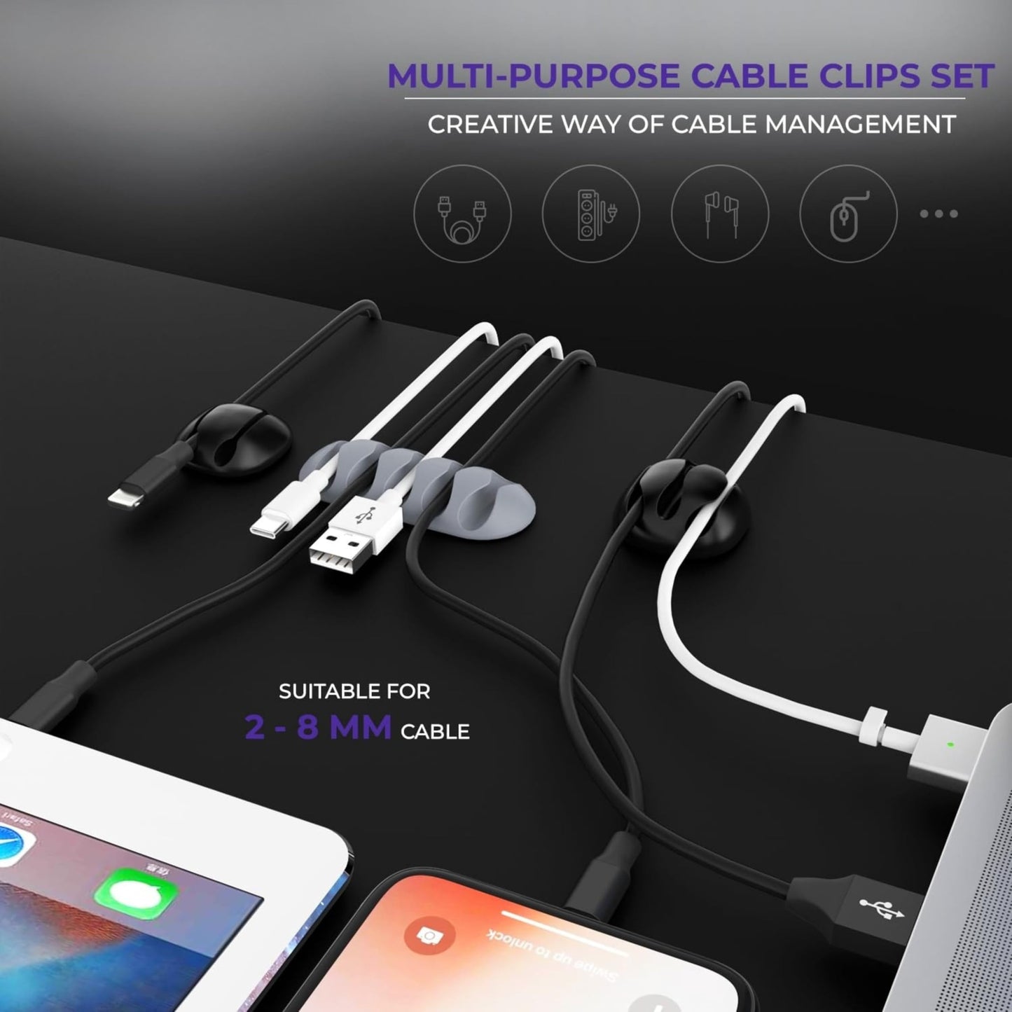 Silicone Cable Organiser Holder Clips, Self-Adhesive Wire and Cord Manager, Black, for Desk, TV, PC, Car, Home and Office