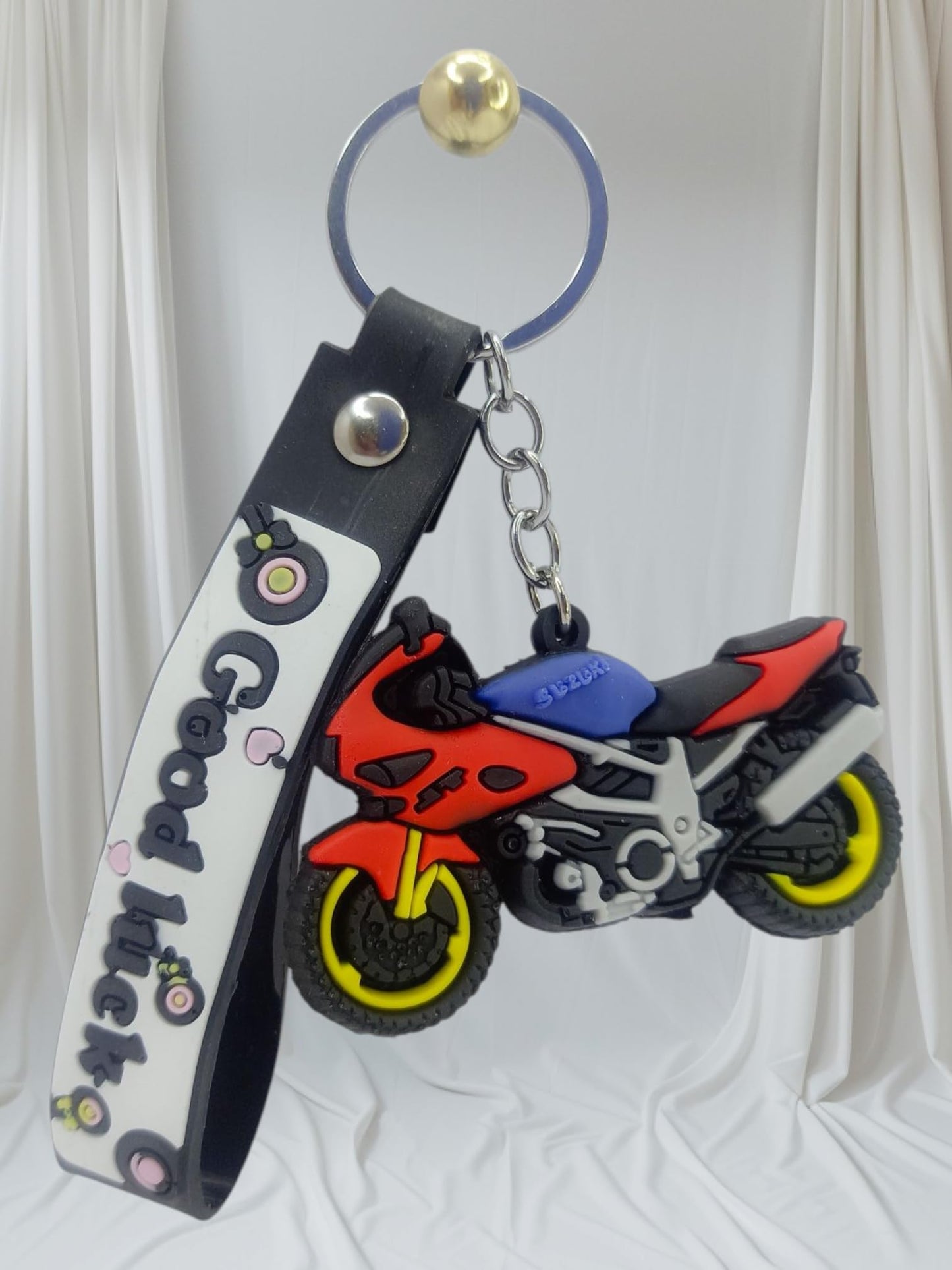 RF REDFOXX Motorcycle Sports Bike Rubber Keychain, Red and Blue Design with Decorative Band