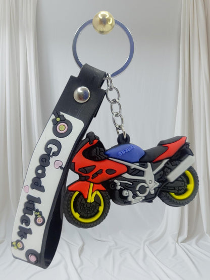 RF REDFOXX Motorcycle Sports Bike Rubber Keychain, Red and Blue Design with Decorative Band