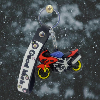 RF REDFOXX Motorcycle Sports Bike Rubber Keychain, Red and Blue Design with Decorative Band