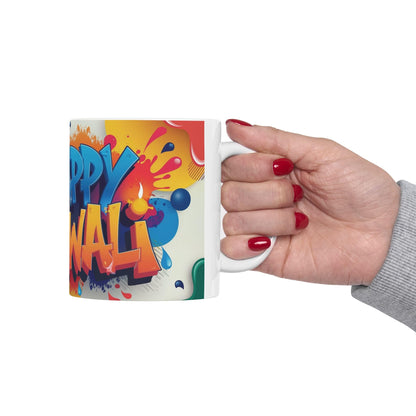 RF REDFOXX Ceramic Diwali Mug, Colourful Graffiti Design, 325 ml Capacity