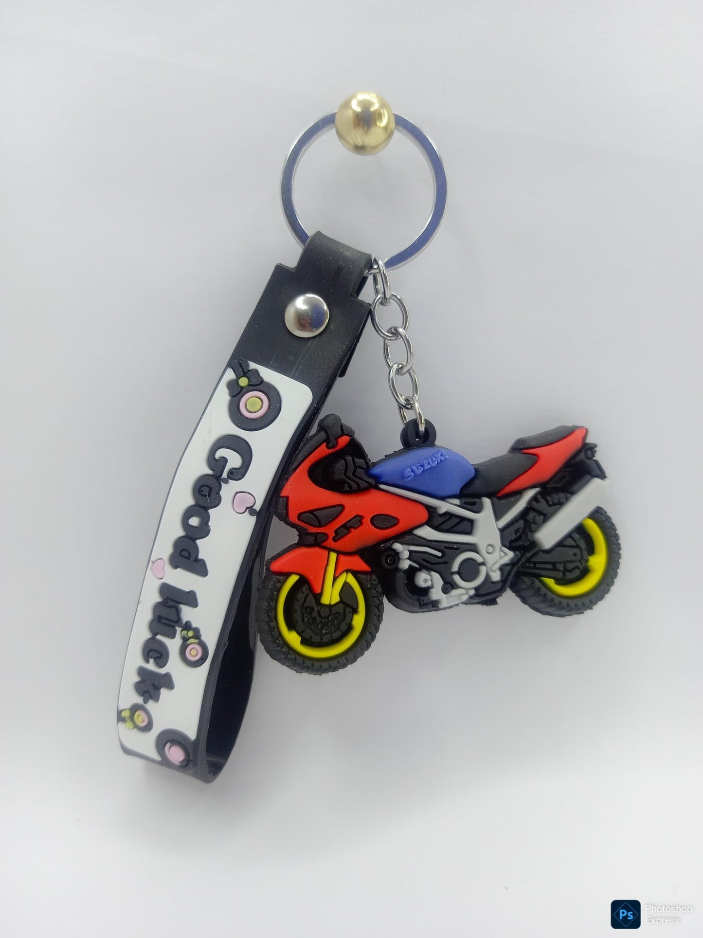 RF REDFOXX Motorcycle Sports Bike Rubber Keychain, Red and Blue Design with Decorative Band