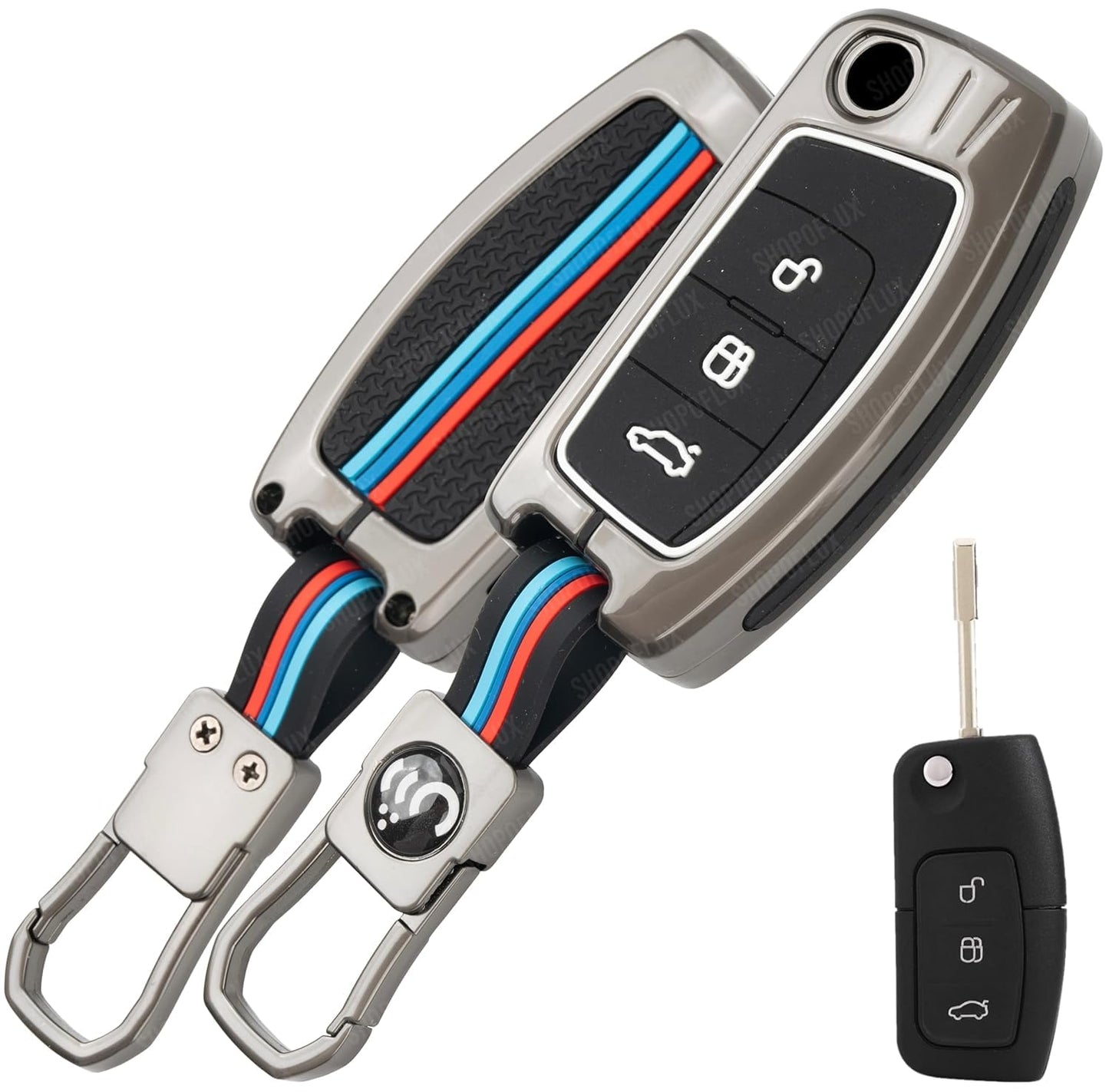 Premium Metal Key Cover Compatible with Ford Ecosport, Fiesta, Figo – 3 Button Flip Key Protector Case – Stylish Zinc Alloy Shell with Durable Protection (Black & Silver).